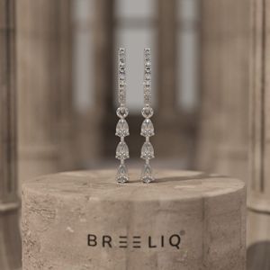 White Gold Triple Pear Diamond <b>Drop</b> Earrings Elegant Pave Set Round and Pear Cut Diamond Dangle Hoops - Product Image 1