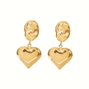 Ins Hot Stainless Steel 14K Gold Coating Heart Charm Earring Stud Hammered Pattern Jewelry Best Valentines Gift For Her