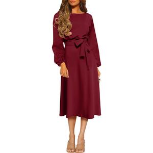 Elegante Ropa de Mujer Personalizada, Vestidos Americanos Formales de Manga Larga y Cintura Alta, Corte Entallado, Diseño Sólido, Colección Otoño, con Cinturones - Product Image 3