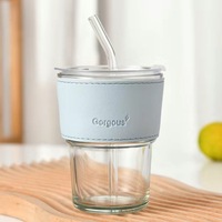 Tasses à café en verre ambré vintage avec couvercle et paille, personnalisables avec logo, populaires, créatives, portables, avec étui en cuir, pour restaurant