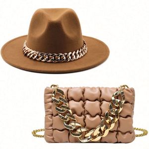 Sombrero Fedora de Lana de Ala Ancha Estilo Británico Vintage Personalizado al por Mayor para Dama y Bolso Fedora con Cadenas - Product Image 1