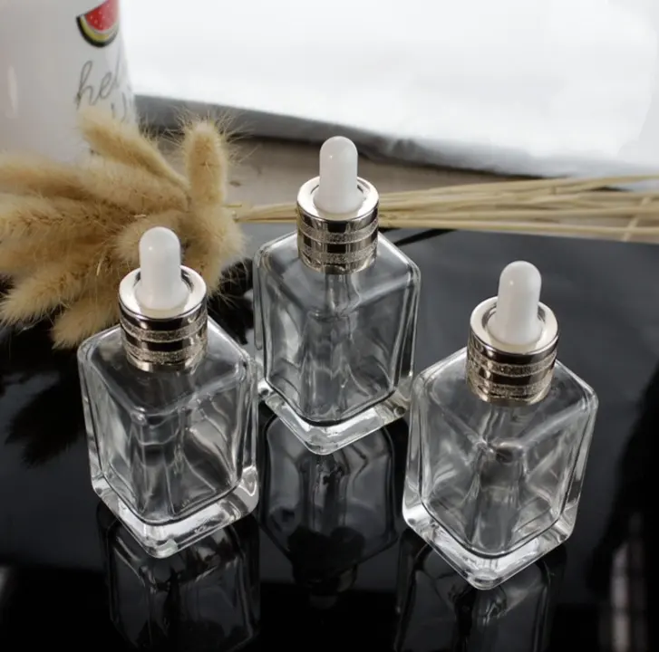 Square Glass Dropper Bottle Wholesale Skin Care Serum Glass Bottle Dropper 50ml Essential Oil Essence Clear Glass Dropper Bottle