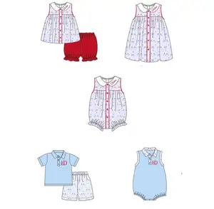 Wholesale High Quality Summer Kids Clothes 4th of July American Flag Bow Printed Design Baby Girl Clothing Sets