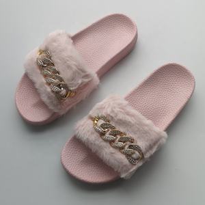 Billige Innen Kette Verziert Gefälschte Kaninchen Fell Hausschuhe Casual Damen Faux Pelz Rutsche - Product Image 5