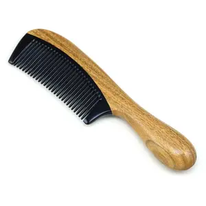 Private Label Vintage Natural Long Handle Wooden Hair Comb Ox Horn Teeth Sandalwood Comb