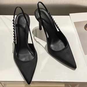 Women's Metallic Pointed Toe Stiletto Heels Chain Decor Slingback Pumps Fashion Party Dress Shoes - Product Image 5