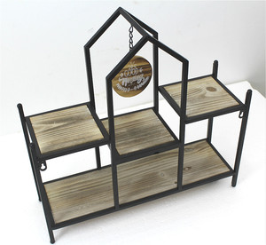 2 Tier <span class=keywords><strong>Rustic</strong></span> House Shape Rắn Gỗ Kim Loại Treo Tường Kệ Với Móc Trang Trí Nội Thất Cho Phòng Ngủ, Phòng Khách, Phòng Tắm, Nhà Bếp - Product Image 4