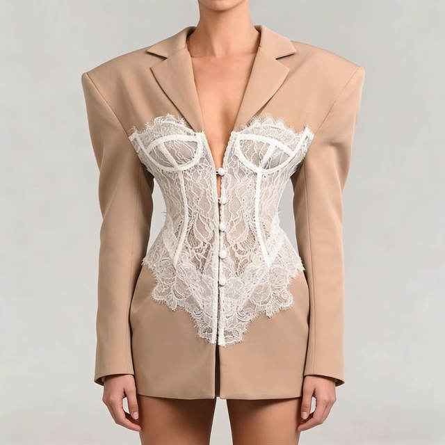 Custom Women's Business Office Formal Beige Lace Corset Blazer Structured Shoulder V Neck Long Sleeve Tailored Outerwear