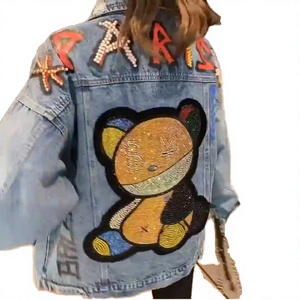 2024 Hotsale New Spring Animal Print Washed Denim <b>Jacket</b> <b>Rhinestone</b> Pearls Beading Blue Plus Size Women's Loose Long Sleeve - Product Image 2