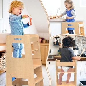 Solid Wood Baby Stool With Handrails Three Tier <b>Step</b> Stool For <b>Kitchen</b> Child Support Chair - Product Image 1