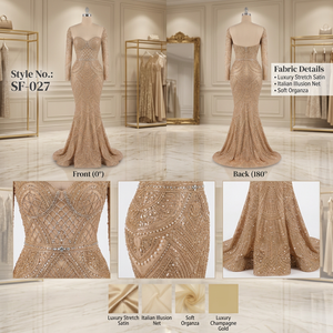 Robe de soirée sirène moderne en satin or champagne avec corsage en treillis et broderie de cristaux motif éventail, élégante - Product Image 2