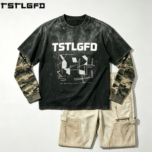 Camiseta de manga larga para hombre con efecto desgastado y camuflaje, negra con lavado ácido y apariencia de capas, fabricantes de camisetas para hombre al por mayor - Product Image 1