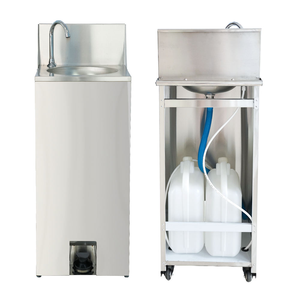 Station de lavage des mains <span class=keywords><strong>mobile</strong></span> en acier inoxydable avec pompe à pédale, revêtement en poudre de qualité alimentaire et finition polie - Product Image 3