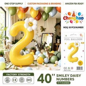Ballons en aluminium numérotés en forme de marguerite jaune avec visage souriant de 40 pouces pour pique-nique en extérieur et décoration de fête de 1er anniversaire de bébé - Vente en gros - Product Image 1