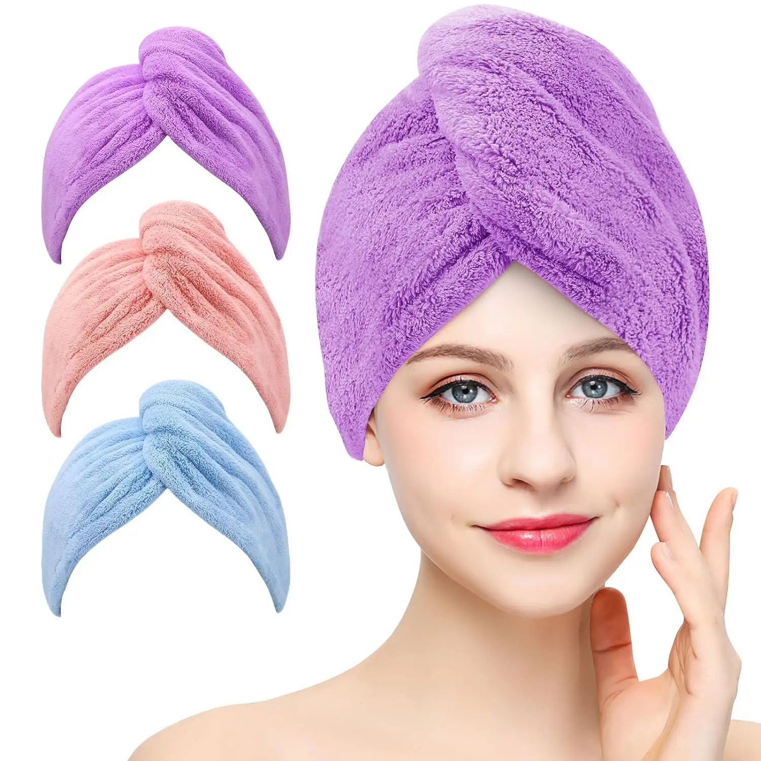 Serviette de cheveux en microfibre avec bouton enveloppes de cheveux à séchage rapide super absorbantes pour cheveux bouclés serviette en microfibre anti-frisottis pour femmes