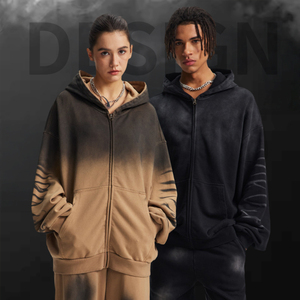 Sweat à capuche en coton vieilli de haute qualité avec fermeture éclair, style vintage, épais, oversize, unisexe, streetwear, délavé à l'acide, broderie 3D personnalisée - Product Image 1