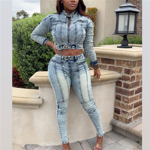 Completo da Donna in Denim Lavato con Patchwork, Giacca a Maniche Lunghe e Pantaloni a Sigaretta, Set Due Pezzi Stile Street 2026 - Product Image 3