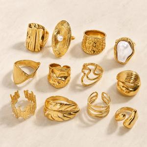 Chunky Luxury Stainless Steel 18K <b>Gold</b> Plated Geometric Trendy Textured Irregular <b>Rings</b> - Product Image 1