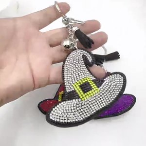 Nouveau stock usine Porte-clés chapeau de <span class=keywords><strong>sorcière</strong></span> à paillettes, strass et pompon en cristal, breloque de sac en cuir - Product Image 5