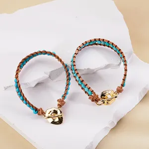 18K Gold Plattiert Charm Lariat handgefertigtes Leder Türkis Samen Perlen-Armbänder modeschmuck für Paare
