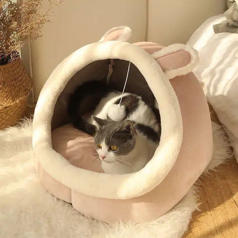 सुपर प्यारा नरम प्लुश कोज़ी बिल्ली कुत्ते की गुफा बिस्तर को विरोधी पर्ची नीचे और हटाने योग्य कपास पैड के साथ