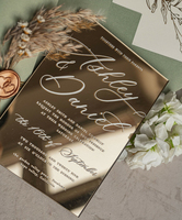 Carte d'Invitations de Mariage en Acrylique de Luxe Miroir Doré Brûlé Orange Rose Or avec Enveloppe en Velours