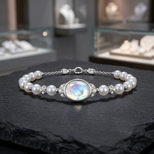 Pulsera de Perlas de Plata 925 con Dije Ovalado de Piedra Lunar, Joyería de Lujo Chapada en Rodio para Mujer - Regalo de Boda y Aniversario - Product Image 2