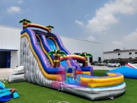 Toboggan aquatique gonflable en forme de palmier tropical avec deux pistes et piscine à jets pour les fêtes d'été