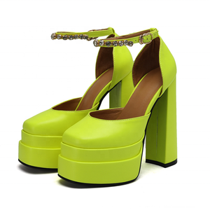 Sandales à talons hauts en cuir PU pour femme, style fantaisie, bout carré, plateforme épaisse, chaussures habillées d'été, ornées de diamants, taille 43 - Product Image 6