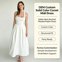Robe mi-longue corset unie personnalisée OEM, col halter, froncée et plissée en popeline, pour l'été, les fêtes prénuptiales et les mariages