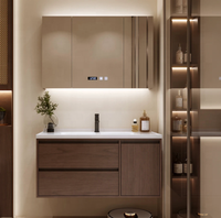 Ensemble de meuble-lavabo mural moderne pour salle de bain avec miroir numérique et étagère LED en verre, design en bois brun foncé