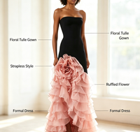 Gaun Chiffon A-Line Hitam Pink Elegan dengan Hiasan Bunga 3D, Ruffle Bertingkat, Pinggang Alami, Panjang Lantai, Tanpa Tali, Off-the-Shoulder, untuk Musim Panas