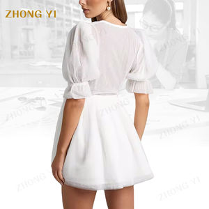 कपड़े कारखाने कस्टम महिला गर्मियों के नए आगमन फैशन सुरुचिपूर्ण पार्टी जाल पफ छोटी आस्तीन वी-गर्दन मिनी आकस्मिक कपड़े - Product Image 4