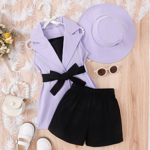 Set estivo da ragazza: bretelle con bretelle piccole e medie + <span class=keywords><strong>Shorts</strong></span> + Blazer senza maniche + cappello Set di quattro pezzi - Product Image 4