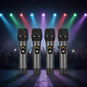 مجموعة ميكروفونات لاسلكية محمولة باليد من نوع UHF من Aidi مع <span class=keywords><strong>4</strong></span> ميكروفونات مكثفة وأضواء LED وبطاقة صوت للغناء وحفلات الزفاف - Product Image 3