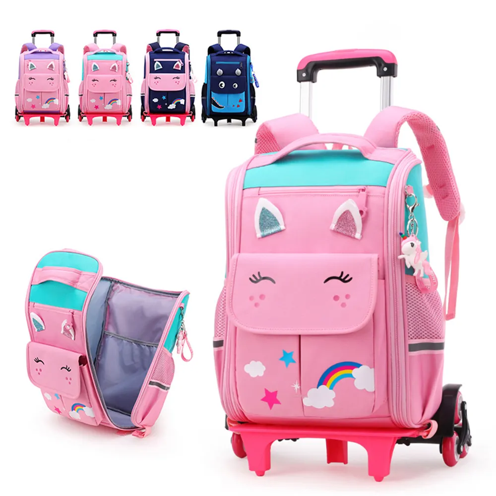 Customize Cartoon Waterproof Student High Capacity School Bag Rolling Backpack Kids School Trolley Bags for Girls