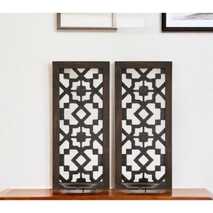 Set di due nero angosciate ornato applique HMS fabbricati legno e metallo portacandele - Product Image 1