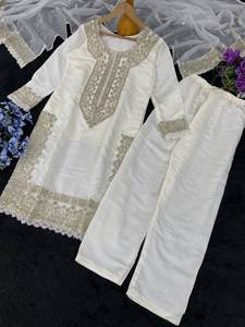 Ensemble Salwar Kameez haut, bas et dupatta en soie crépon lourde traditionnelle, broderie de sequins, entièrement cousu, pour les fêtes - Meilleures ventes - Product Image 5