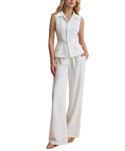 ชุดเซ็ตสองชิ้นสไตล์วินเทจสำหรับฤดูใบไม้ผลิ/ฤดูร้อน ตัดเย็บตามสั่ง เสื้อแขนกุดคอกลม + กางเกงขายาวทรงกว้าง สำหรับผู้หญิง ใส่ทำงาน ผลิตจากโพลีเอสเตอร์/คอตตอน - Product Image 1