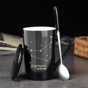 Taza de <span class=keywords><strong>Café</strong></span> Moderna de Cerámica con los 12 Signos del Zodiaco, con Tapa, Cuchara y Asa, para Regalos Empresariales, Disponible en Blanco y Negro - Product Image 6
