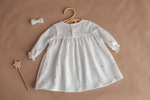 Tinta unita abito Vintage personalizzato in lino manica corta classico abito <span class=keywords><strong>bianco</strong></span> per <span class=keywords><strong>bambina</strong></span> stelline tessuto morbido abiti eleganti - Product Image 3