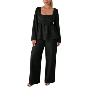Women's Plus Size Peplum Top & Wide Leg Pants <b>Set</b> <b>Square</b> Neck Long Sleeve 2 Piece Loungewear Fashion - Product Image 2