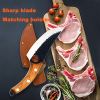 Couteau de boucher à lame fixe pour la chasse et le dépecage, manche en bois, étui en cuir, pointe traînante, acier au carbone, manche intégral, pour l'extérieur, OEM/ODM