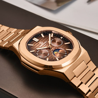 Montre mécanique multifonctionnelle pour homme CARNIVAL en acier inoxydable avec bracelet doré et cadran marron Dali Moon Phase