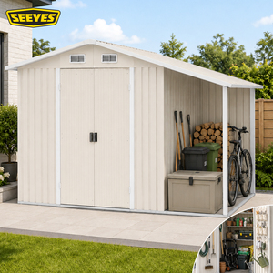 Abri de jardin en métal beige SEEYES avec abri incliné, toit à pignon, portes doubles, pour rangement d'outils extérieur, vente en gros OEM - Product Image 1