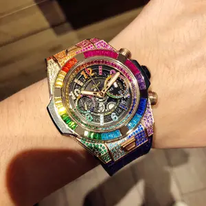Relógio grande de quartzo arco-íris diamante cristal de safira relógio mecânico 45mm mostrador branco 1280 relógios
