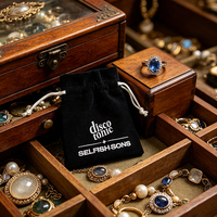 Sac à bijoux en velours noir avec cordon de serrage, logo brodé personnalisé, petit format