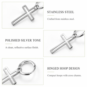 Boucles d'oreilles créoles en acier inoxydable argenté, avec breloques géométriques polies, motif croix de 22,1 × 13,2 mm - Product Image 5