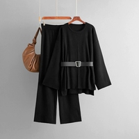 Ensemble deux pièces pour femmes, haut en tricot ceinturé et pantalon large à taille haute, mode automne-hiver