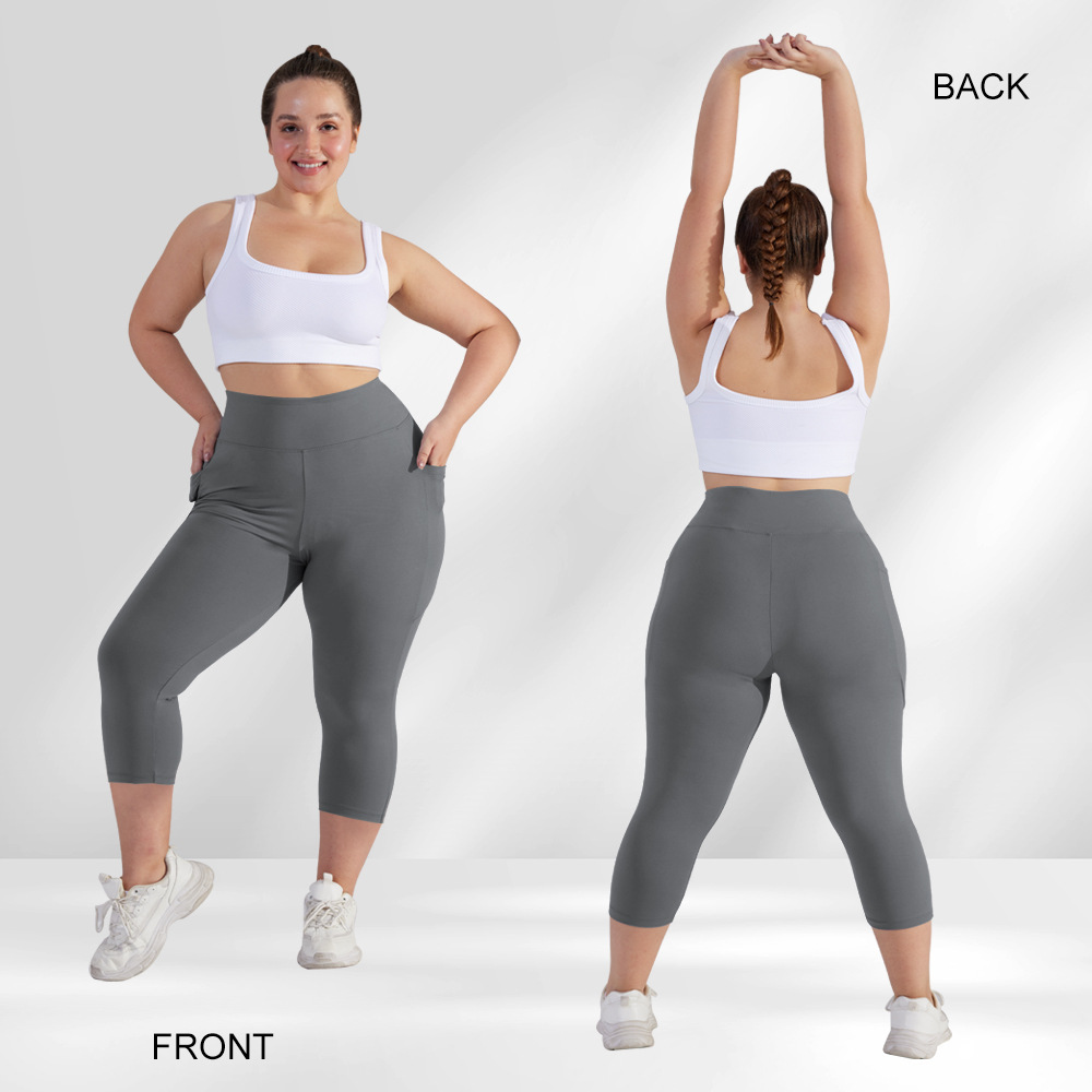 Plus Size High Waist Capri Yoga Leggings With Pockets, Squat Proof Non See Through Workout Pants
